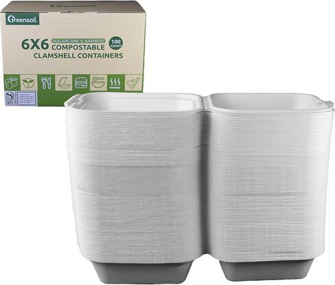 Greensoil 9x6 Compostable Clamshell Take Out Containers - 2-Compartment 100 Pack, Heavy Duty Microwavable Salad Container for Lunch, Biodegradable, BPI Certified for Food Trucks, Families, Schools in Saudi Arabia