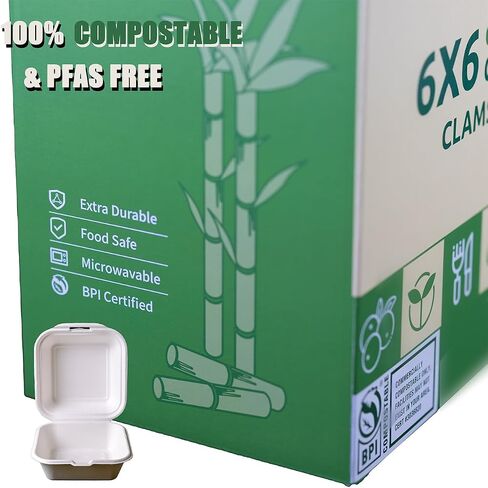 Greensoil 9x6 Compostable Clamshell Take Out Containers - 2-Compartment 100 Pack, Heavy Duty Microwavable Salad Container for Lunch, Biodegradable, BPI Certified for Food Trucks, Families, Schools in Saudi Arabia