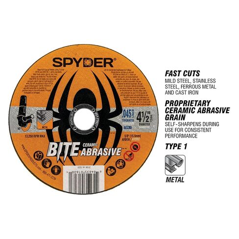 Spyder 4.5" Ceramic Abrasive Cut Off Wheels (10 Pack), 7/8" Arbor Type 1 Disk for Angle Grinders, 0.045" Thickness, Fast and Straight Cutting on Mild and Stainless Steel, Cast Iron and More (21105-10) in Saudi Arabia