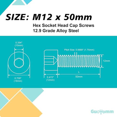 M12-1.75 x 50mm 6pcs Hex Socket Head Cap Screws Bolts, 12.9 Grade Alloy Steel, Black Oxide Finish, Metric Allen Drive, Full Thread in Kuwait
