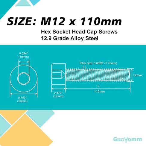 M12-1.75 x 50mm 6pcs Hex Socket Head Cap Screws Bolts, 12.9 Grade Alloy Steel, Black Oxide Finish, Metric Allen Drive, Full Thread in Kuwait