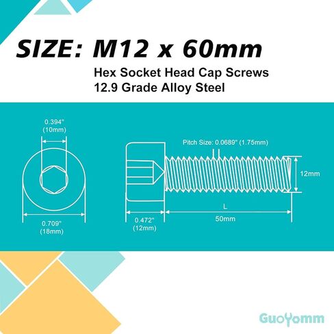 M12-1.75 x 50mm 6pcs Hex Socket Head Cap Screws Bolts, 12.9 Grade Alloy Steel, Black Oxide Finish, Metric Allen Drive, Full Thread in Kuwait