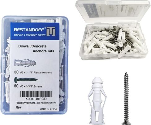 Plastic Drywall/Concrete Anchors with Stainless Steel Screws Assortment Kit 100PCS, 50 Plastic Dry Wall Anchors and 50 Flat Head Screws, Sheetrock Anchors (100, #8) in Saudi Arabia