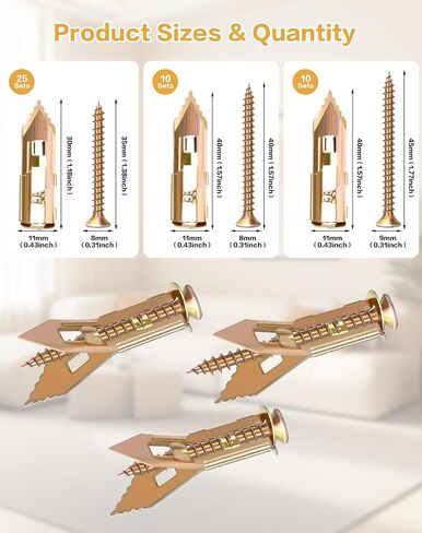 90Pcs Self Drilling Drywall Anchors with Screws Kit, 3 Sizes Heavy Duty Expansion Sheetrock Anchors(45) & Zinc Plated Screws(45), No Drill Needed, Easy Install for Pictures/TV/Shelves/Wall Hanging in Saudi Arabia