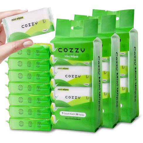 COZZY Ultra-Compact Mini Travel Wipes - Gentle & Skin-Friendly, Unscented, Alcohol-Free, Paraben-Free - Ideal for Adults, Kids & Babies - 8 Packs (56 Total Wipes) in Kuwait