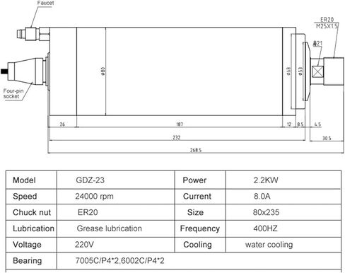 2.2kW 220V 380V محرك مغزل مبرد بالمياه 4 قطع تحمل ER20 Chuck Diameter 80x235mm GDZ-23 (2.2KW ER20 220V) in Kuwait