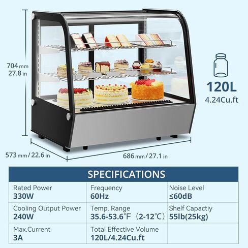 ثلاجة شاشة العرض المبردة كونترتوب 4.24 قدمًا-برودة كعكة زجاجية مع إضاءة LED ، ترموستات رقمية ، نظام مبرد بالهواء ، 3 أرفف كروم-من الفولاذ الأسود واللاشتعال in Kuwait