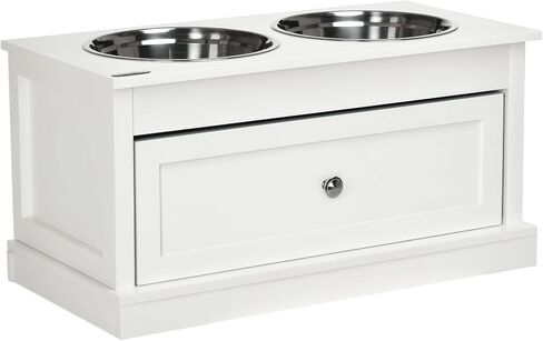 PawHut Large Elevated Dog Bowls with Storage Drawer - 11L Capacity, Raised Dog Bowl Stand Feeding Station, White in Saudi Arabia