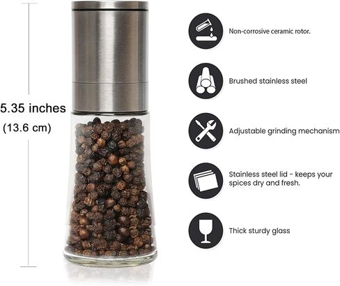 Original Stainless Steel Pepper Grinder or Salt Mill 1pk - Coarseness Adjustable Sea Salt Grinder or Pepper Mill Grinder - Small Manual Salt Pepper Shakers with Glass Container in Saudi Arabia