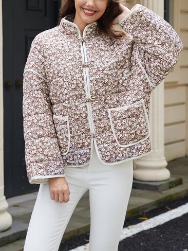 Muchpow Quilted Puffer Jacket for women Floral Printed Lightweight Cropped Button Down Outerwear with Pockets in Saudi Arabia