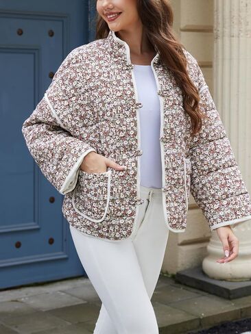 Muchpow Quilted Puffer Jacket for women Floral Printed Lightweight Cropped Button Down Outerwear with Pockets in Saudi Arabia