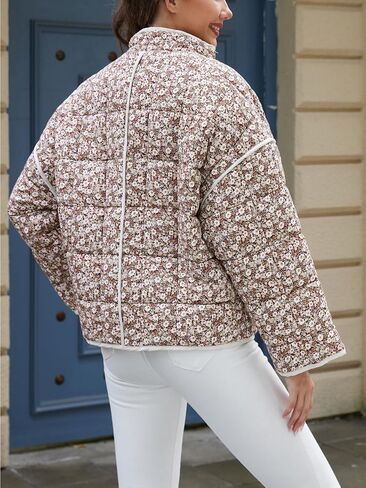 Muchpow Quilted Puffer Jacket for women Floral Printed Lightweight Cropped Button Down Outerwear with Pockets in Saudi Arabia