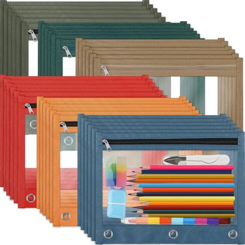 LINCIA 36 PACK PENCIL POCNES FOR 3 RING BINDER مع أكياس قلم رصاص السوستة السوستة ، 6 ألوان ، علبة قلم رصاص مع نافذة صافية مزدوجة على الوجهين للوازم المكتبي (المعكرونات) in Kuwait