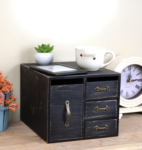 Rustic Beauty Organizer 4 Drawers - Wooden Cosmetic Storage Box for Neat & Home Office Desk &Organize &Storing of Makeup Tools,Bathroom Counter-top(Black, L) in Saudi Arabia