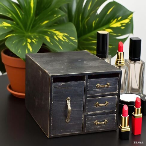 Rustic Beauty Organizer 4 Drawers - Wooden Cosmetic Storage Box for Neat & Home Office Desk &Organize &Storing of Makeup Tools,Bathroom Counter-top(Black, L) in Saudi Arabia