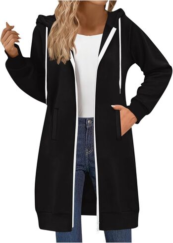 هوديس طويلة للنساء zip up مزدوج سحاب الصوف جاكيت سترة الملابس الفقرة الخريف أزياء الشتاء in Kuwait