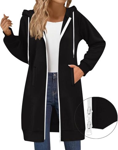 هوديس طويلة للنساء zip up مزدوج سحاب الصوف جاكيت سترة الملابس الفقرة الخريف أزياء الشتاء in Kuwait