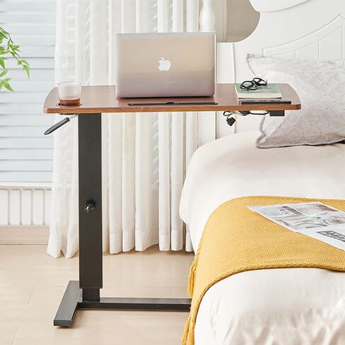 Over Bed Table Pneumatic Adjustable Height Stand Desk with Hidden Casters Foldable Mobile Laptop Computer Standing Desk with USB Ports Pad in Saudi Arabia