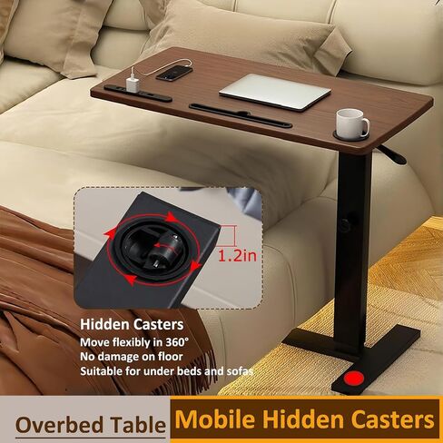 Over Bed Table Pneumatic Adjustable Height Stand Desk with Hidden Casters Foldable Mobile Laptop Computer Standing Desk with USB Ports Pad in Saudi Arabia