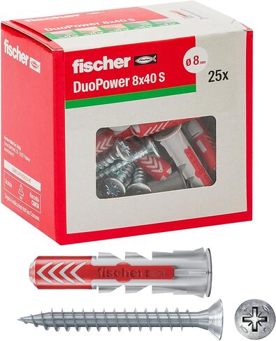 Fischer 544017 25 Duopower Dowels with Screw, 8 x 40 mm, for Full Wall, Perforated Brick, Plasterboard, Grey, Set of 25 Pieces in Saudi Arabia