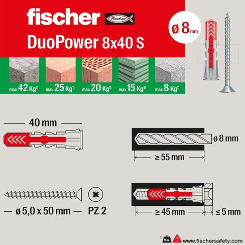 Fischer 544017 25 Duopower Dowels with Screw, 8 x 40 mm, for Full Wall, Perforated Brick, Plasterboard, Grey, Set of 25 Pieces in Saudi Arabia