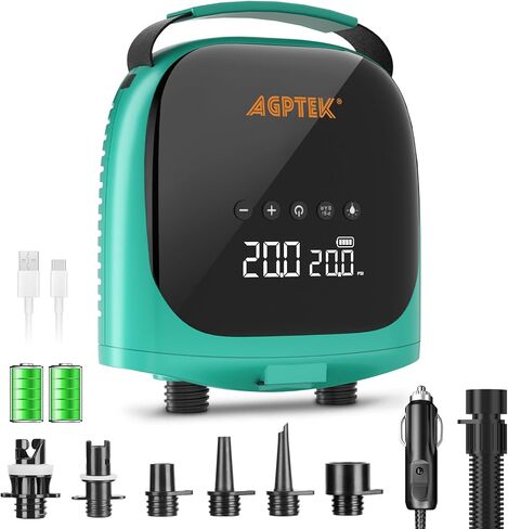 Agptek Paddle Board Pump Electric SUP مضخة SUP قابلة لإعادة شحن البطارية مدتها 20PSI PORTIBLE SUP PUMP ، موصل السيارات 12 فولت DC ELECTRON in Saudi Arabia