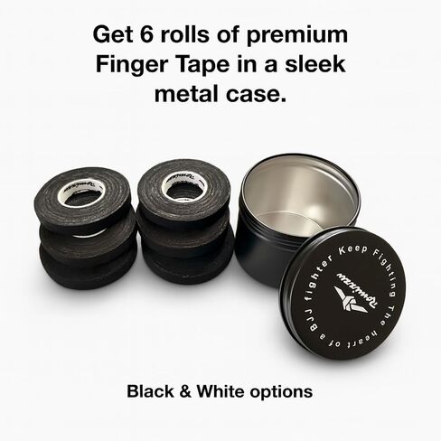 Premium Finger Tape – Includes Metal Storage Case & Gift Packaging – 6 Rolls 8m x 8mm 100% Cotton Strong Adhesive Finger Tape Sweatproof & Non-Slip for BJJ, Climbing, Crossfit & Sports (Black) in Saudi Arabia