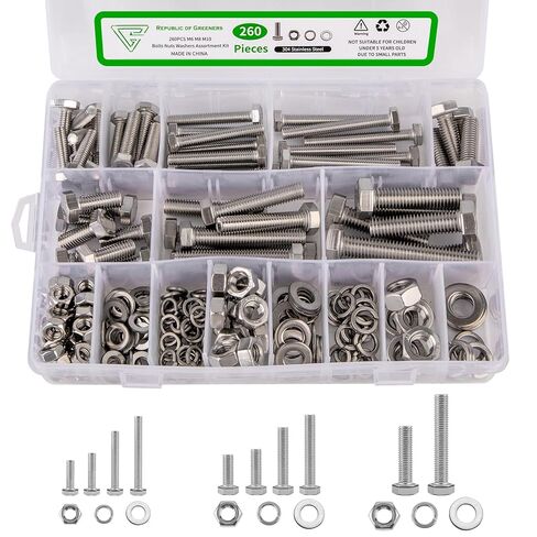 260pcs M6 M8 M10 مسامير سداسية ومكسرات مجموعة تشويش ، 304 مجموعات المسمار آلة الفولاذ المقاوم للصدأ مع حالة ، المسمار المسمار المسمار المسمار متري. in Saudi Arabia