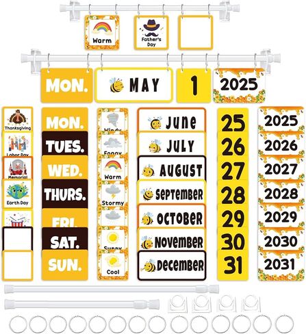 96pcs Bee Classroom Bunendar Bulletin Board for teacher ، Flip Flip Fludar مع حامل للزخرفة المدرسية ، التقويم القابل للتعديل ، مستلزمات ديكور المنزل الابتدائية in Saudi Arabia