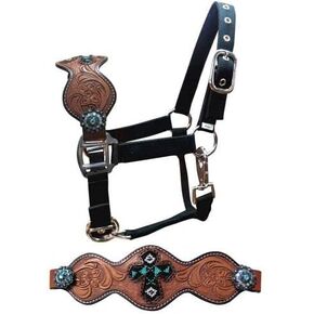 Showman Pony Size Leather Bronc Halter w/teal chined cross inlay and floral tooling in Kuwait