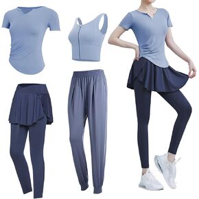 Women'S Pilates 4-Piece Workout Set, Includes Short-Sleeve Shirt And Tank Sports Bra, Spandex/Polyester, Xxl Size (135-150 Lb) in Kuwait