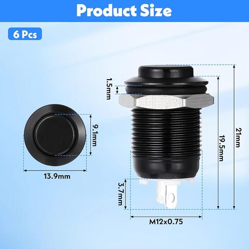 6 Pcs Momentary Push Button Switch 12V Metal Waterproof Momentary Switch 12mm 1/2'' Round Power Button for RV Truck Boat Marine 2 Pin Push ON in Saudi Arabia