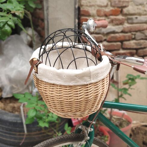 Wicker Bike Basket for Small Dogs Cats Pet Carrier Front Basket with Wire Mesh Cover in Saudi Arabia
