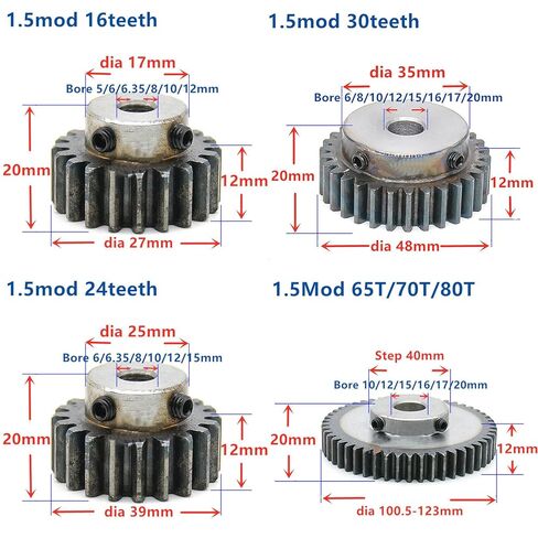 ترس الأسنان التروس الحلزونية التروس 1pcs 1.5 وزارة الدفاع 12 15 16 18 20 24 25 30 35 تجويف الأسنان ترس 12 ملم مع فولاذ الكربون الخطوة للمحرك (30 أسنان) in Kuwait