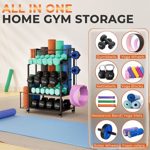 حامل وزن دمبل رف - رف الوزن القابل للتعديل للدمبل ، رف تخزين صالة الألعاب الرياضية للليوغا حصيرة الرغوة kettlebells ، منظم تخزين معدات التمرين مع عجلات in Kuwait