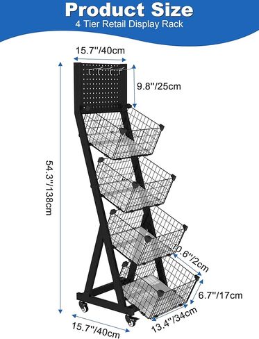 عرض رف شاشة التجزئة 4 طبقات عرض سلك معدني على عجلات مع Pegboard 4 خطافات وسلال شاقة وجبة خفيفة منظم رقائق البطاطس. in Kuwait