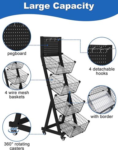 عرض رف شاشة التجزئة 4 طبقات عرض سلك معدني على عجلات مع Pegboard 4 خطافات وسلال شاقة وجبة خفيفة منظم رقائق البطاطس. in Kuwait