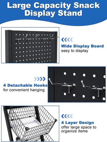 عرض رف شاشة التجزئة 4 طبقات عرض سلك معدني على عجلات مع Pegboard 4 خطافات وسلال شاقة وجبة خفيفة منظم رقائق البطاطس. in Kuwait