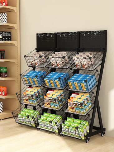 عرض رف شاشة التجزئة 4 طبقات عرض سلك معدني على عجلات مع Pegboard 4 خطافات وسلال شاقة وجبة خفيفة منظم رقائق البطاطس. in Kuwait