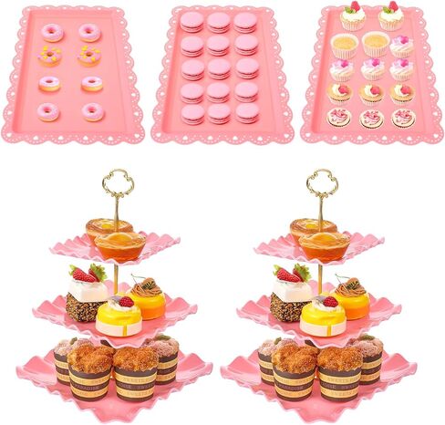 5 Pack Plastic Cupcake Stand Set, Pink Cake Stand 2x Three-Tier Dessert Display Tower and 3x 14 Inch Pink Serving Tray for Wedding Birthday Baby Shower Tea Party Decorations in Saudi Arabia