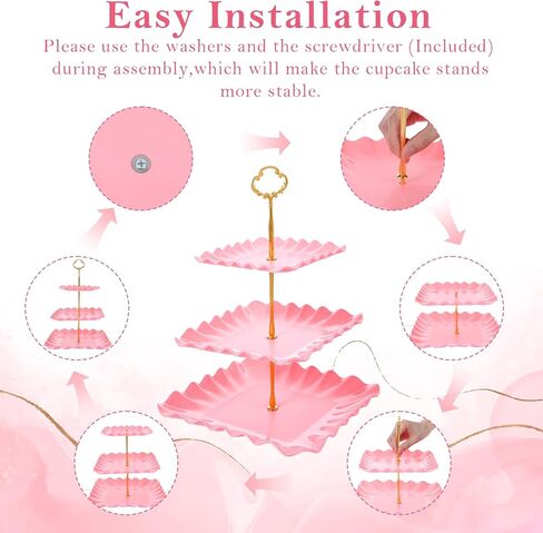 5 Pack Plastic Cupcake Stand Set, Pink Cake Stand 2x Three-Tier Dessert Display Tower and 3x 14 Inch Pink Serving Tray for Wedding Birthday Baby Shower Tea Party Decorations in Saudi Arabia