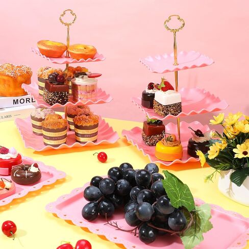 5 Pack Plastic Cupcake Stand Set, Pink Cake Stand 2x Three-Tier Dessert Display Tower and 3x 14 Inch Pink Serving Tray for Wedding Birthday Baby Shower Tea Party Decorations in Saudi Arabia