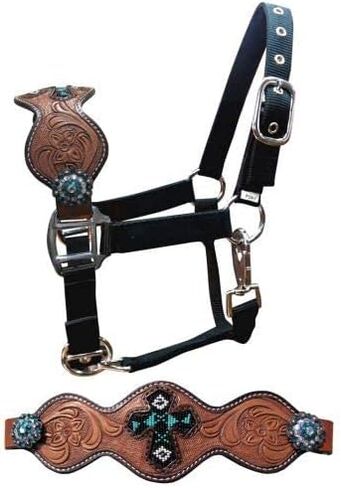 Showman Pony Size Leather Bronc Halter w/teal chined cross inlay and floral tooling in Saudi Arabia