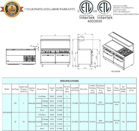 مجموعة بروبان سائل تجاري 4 لوحات ساخنة مع 36 بوصة شواية يدوي 2 أفران قياسية 60 '' - 221000 BTU in Saudi Arabia