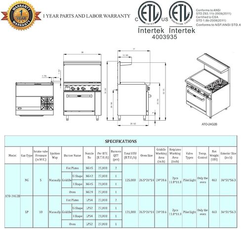ATO-24G2B Natural Gas Range 2 Burner Hotplates with 24" Manual Commercial Griddle Standard Oven - 125,000 BTU in Saudi Arabia