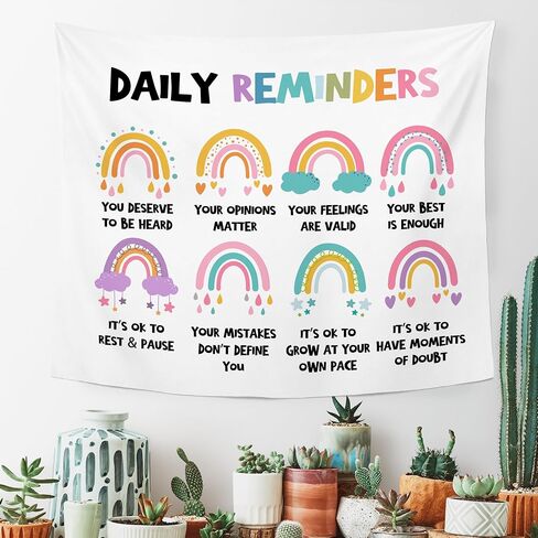 MNOSAIOO Mental Health Floral Wall Tapestry Hanging for Classroom Kids, Daily Reminders Tapestry, Inspirational Cute Cacti Tapestries Wall Decor for Bedroom Therapy Office School Counselor 60x50 inch in Kuwait