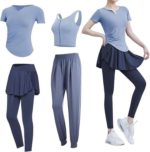 Women'S Pilates 4-Piece Workout Set, Includes Short-Sleeve Shirt And Tank Sports Bra, Spandex/Polyester, Xxl Size (135-150 Lb) in Kuwait