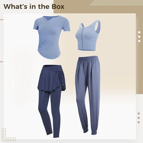 Women'S Pilates 4-Piece Workout Set, Includes Short-Sleeve Shirt And Tank Sports Bra, Spandex/Polyester, Xxl Size (135-150 Lb) in Kuwait