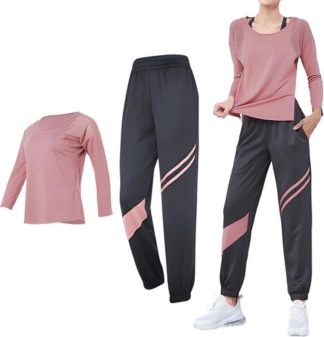 Pilates Two-Piece Black Set For Women, Xxl, Breathable, High-Waisted With Color Block, Ideal For Fitness And Casual Use in Saudi Arabia
