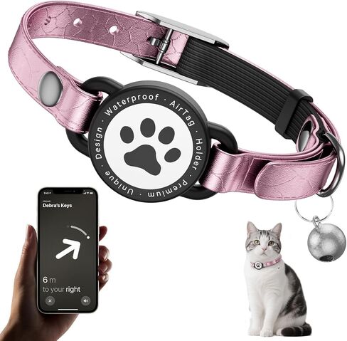 Leather Airtag Cat Collar - Waterproof Cat Collar AirTag Holder with Metal Buckle | Comfortable, Glossy Cats Tracker Collars with Bell for Girl Boy Cats, Kittens, and Puppies (Rose Gold) in Kuwait